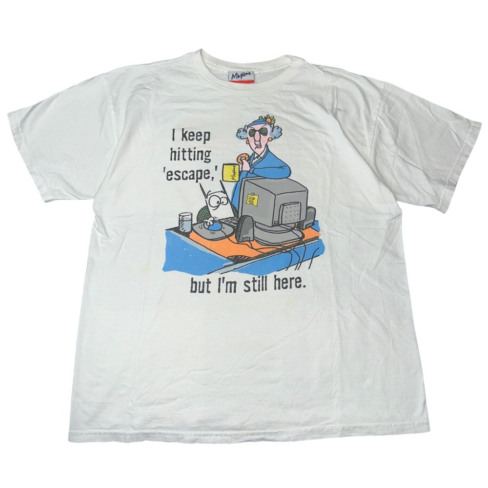 Vintage 90's Humor Tee - Maxine Hallmark Comic Shirt White Large Computer Dog